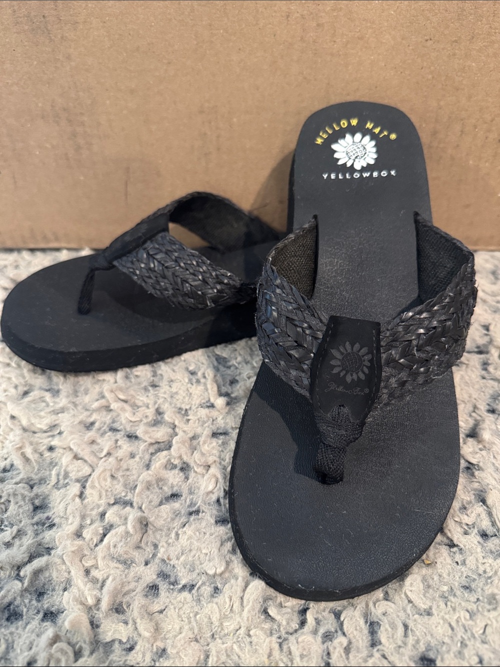 Yellow Box Black Braided Leather Toe-Post Sandals